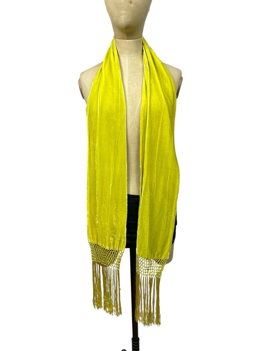 Echo Silk Velvet Blend Chartreuse Green Knotted Fringe Scarf Y2K Indiecore